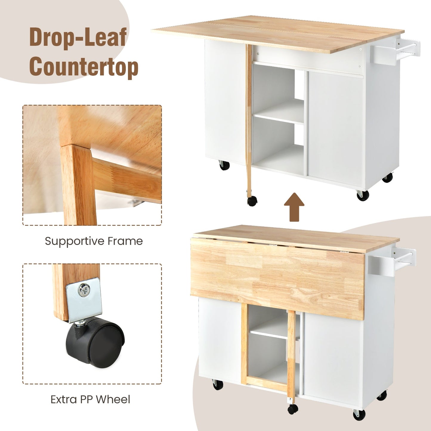 NNECW Drop-Leaf Rolling Kitchen Island with Rubber Wood Top & Drawer-White-4