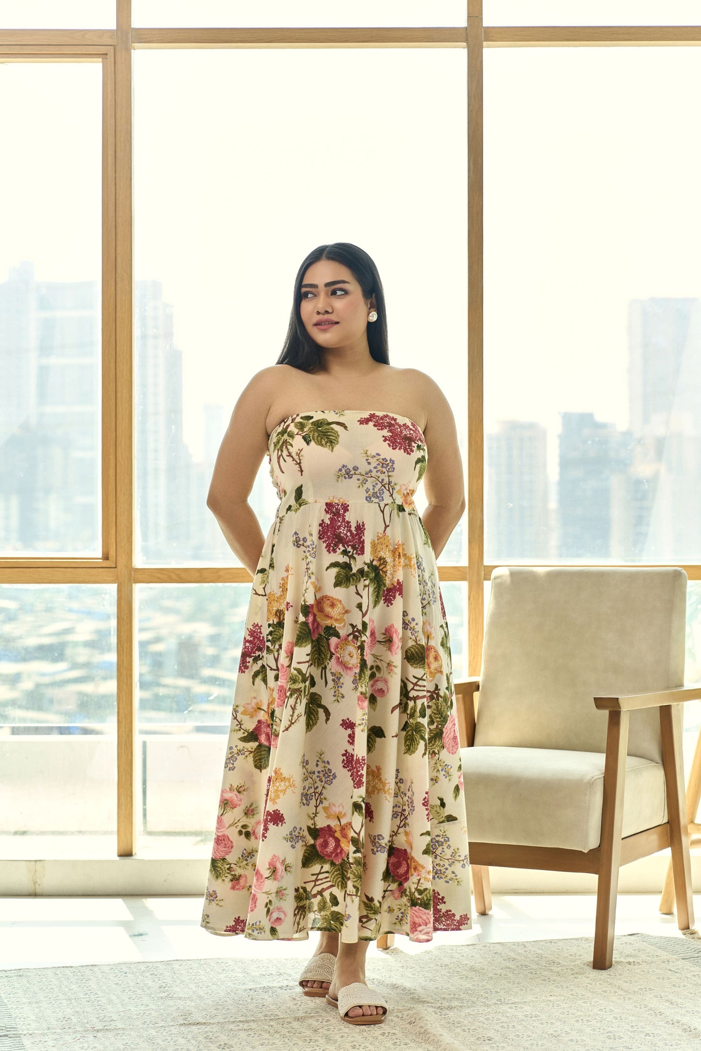Beige Pleated Floral Cotton Tube Dress – Chic & Elegant-1