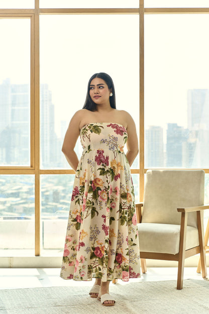Beige Pleated Floral Cotton Tube Dress – Chic & Elegant-1