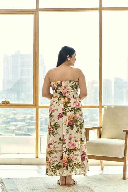 Beige Pleated Floral Cotton Tube Dress – Chic & Elegant-4