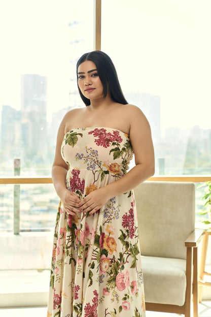 Beige Pleated Floral Cotton Tube Dress – Chic & Elegant-2