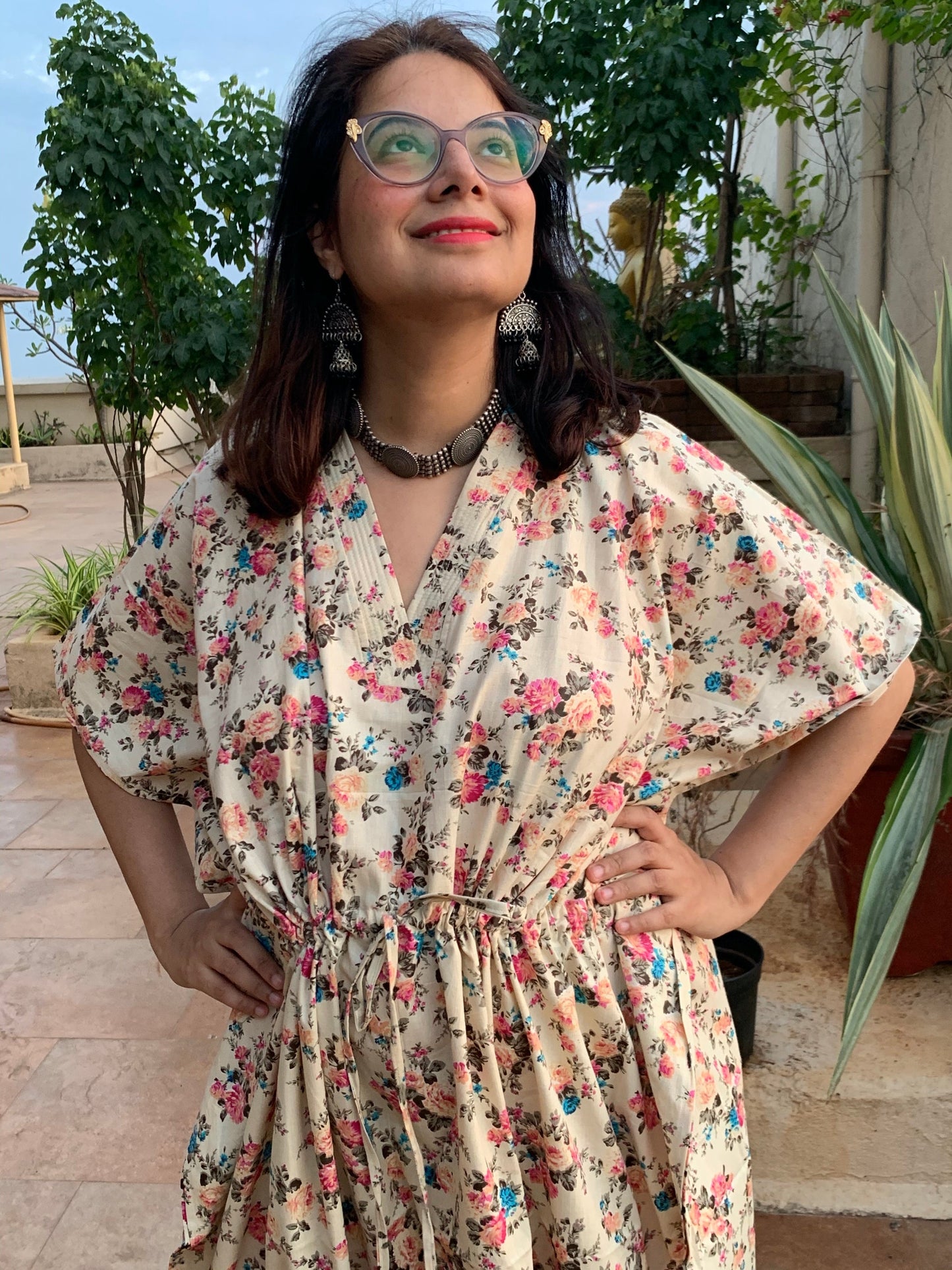 Vintage Floral Chic V-Neck, Cinched Waist Ankle Length Kaftan-0