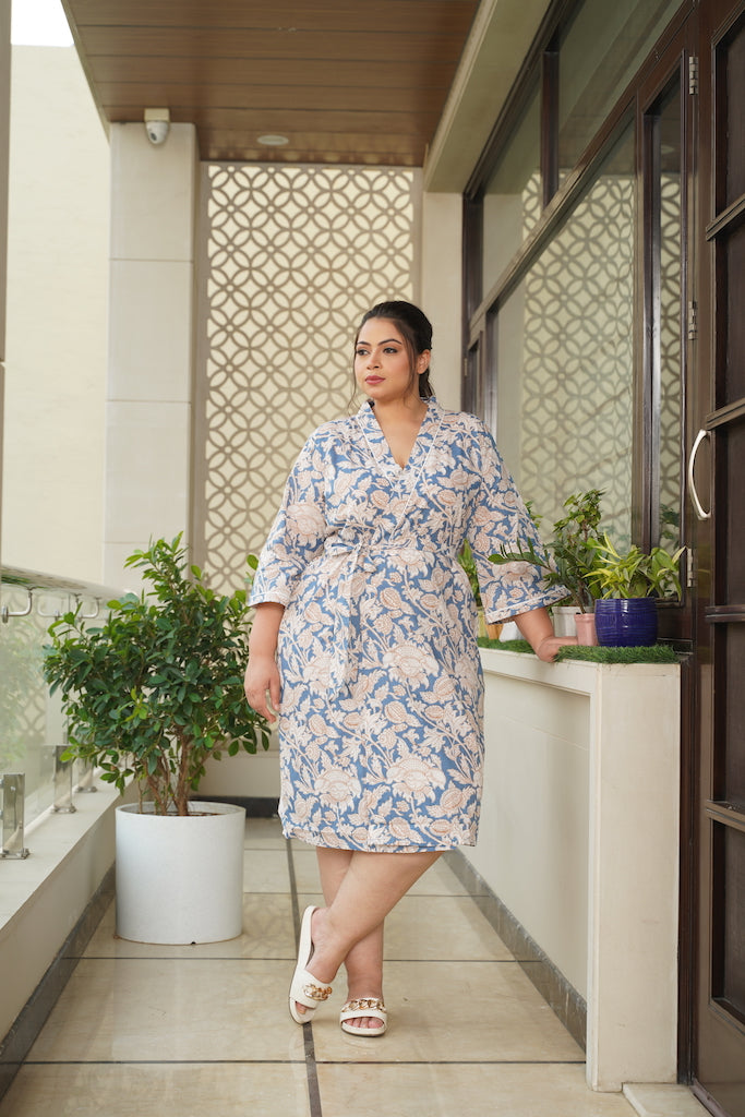 Regular Blue Floral Printed Cotton Kimono Robe-2