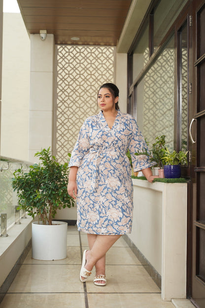 Regular Blue Floral Printed Cotton Kimono Robe-2