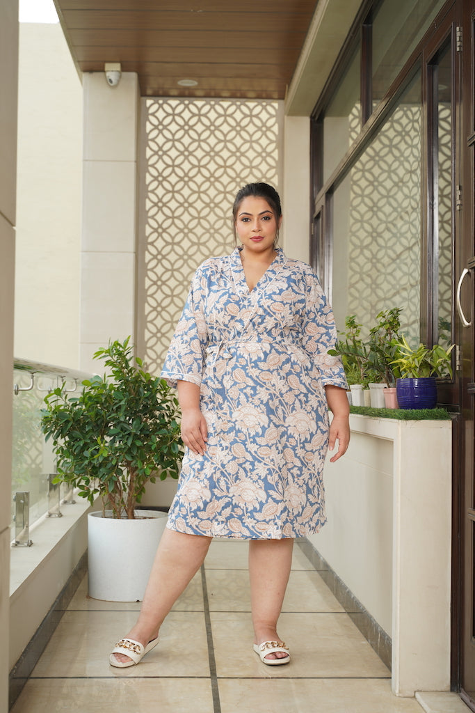 Regular Blue Floral Printed Cotton Kimono Robe-3