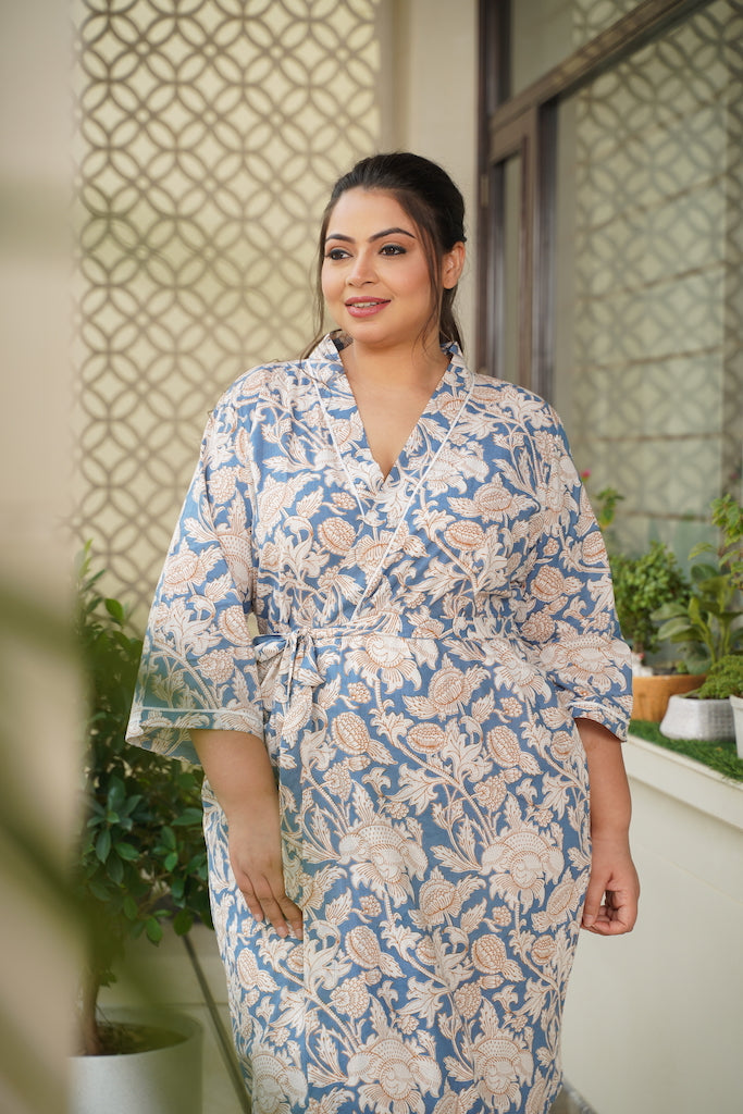 Regular Blue Floral Printed Cotton Kimono Robe-4