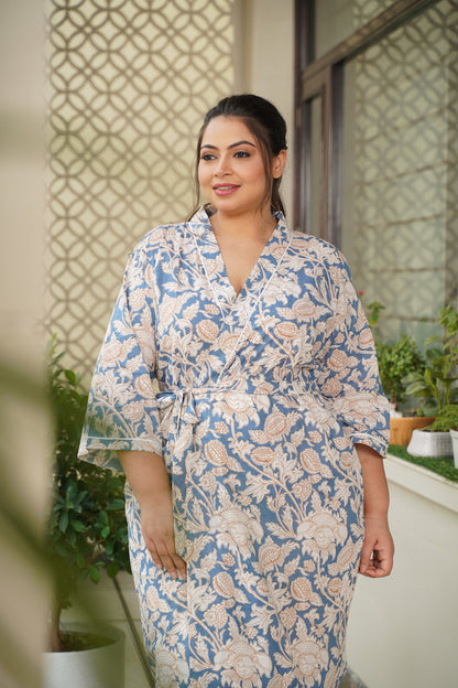 Regular Blue Floral Printed Cotton Kimono Robe-4