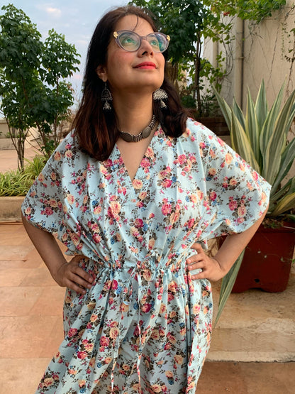 Vintage Floral Chic V-Neck, Cinched Waist Ankle Length Kaftan-3