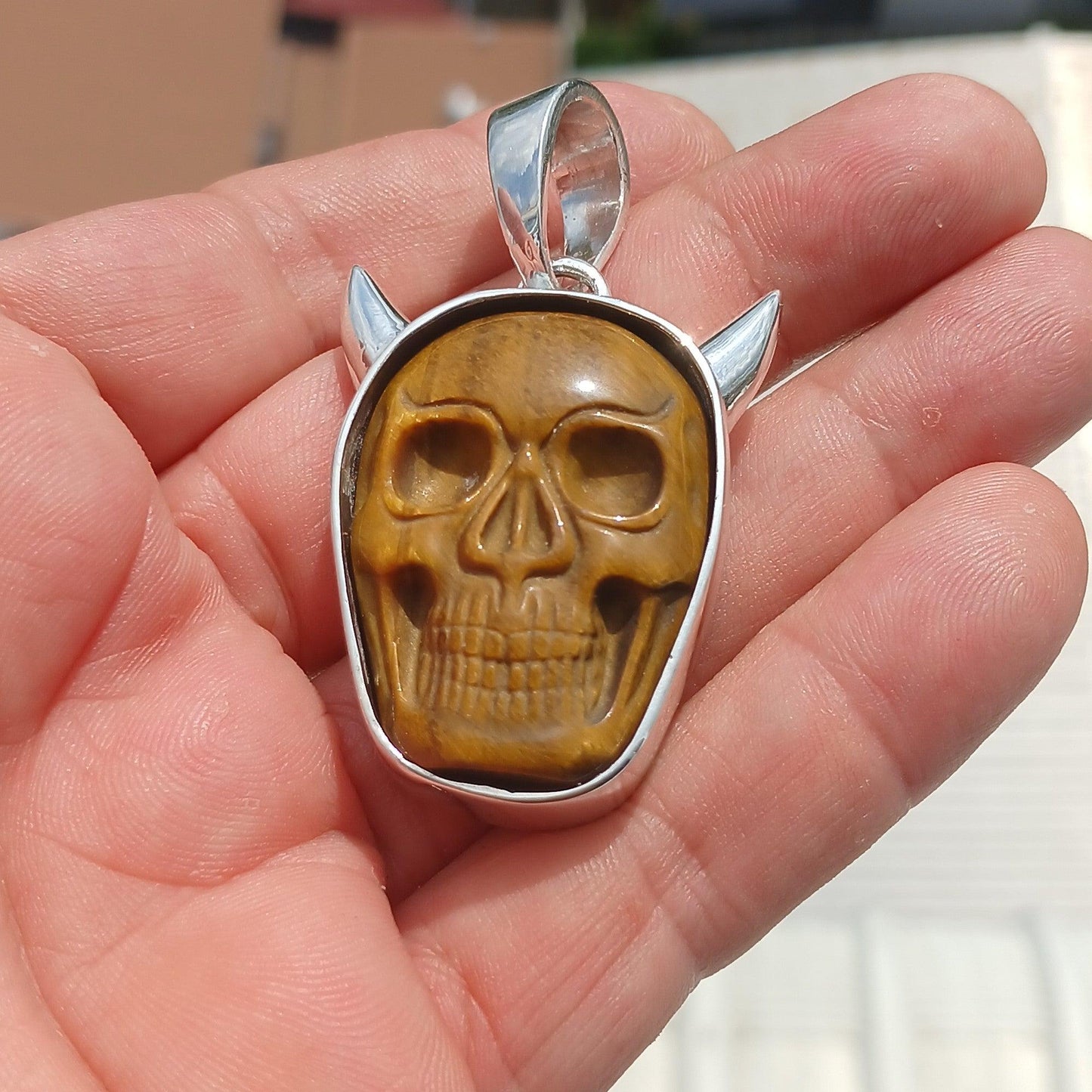 Sterling Silver Skull Pendant, Handmade Jewelry, horned Devil Face Pendant, Skull Amulet, Skull Necklace, Tiger's Eye Stone Carving, Gift-0