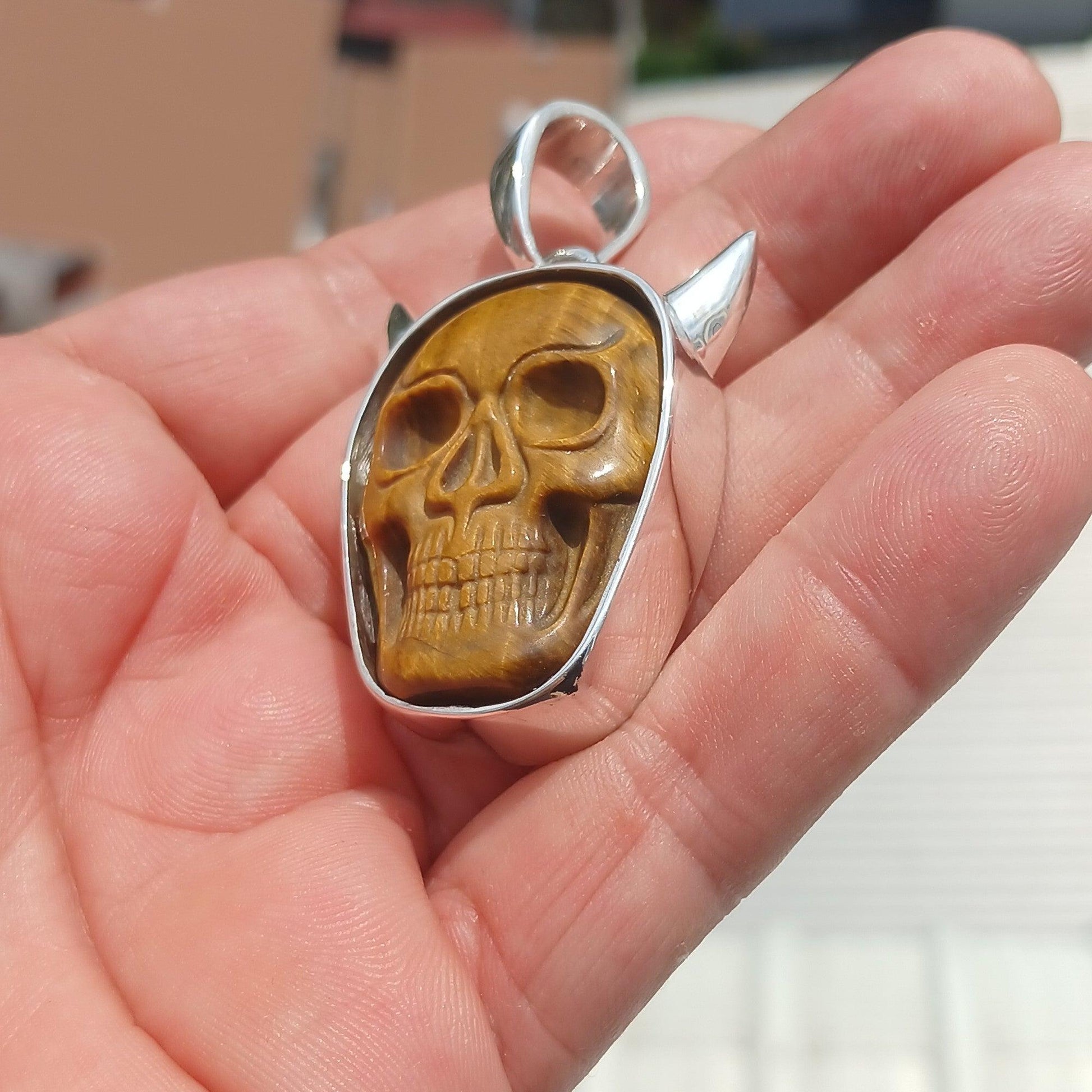 Sterling Silver Skull Pendant, Handmade Jewelry, horned Devil Face Pendant, Skull Amulet, Skull Necklace, Tiger's Eye Stone Carving, Gift-1