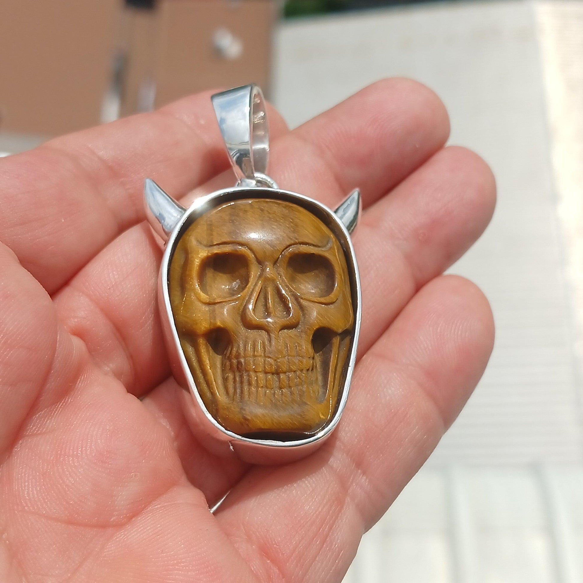 Sterling Silver Skull Pendant, Handmade Jewelry, horned Devil Face Pendant, Skull Amulet, Skull Necklace, Tiger's Eye Stone Carving, Gift-2