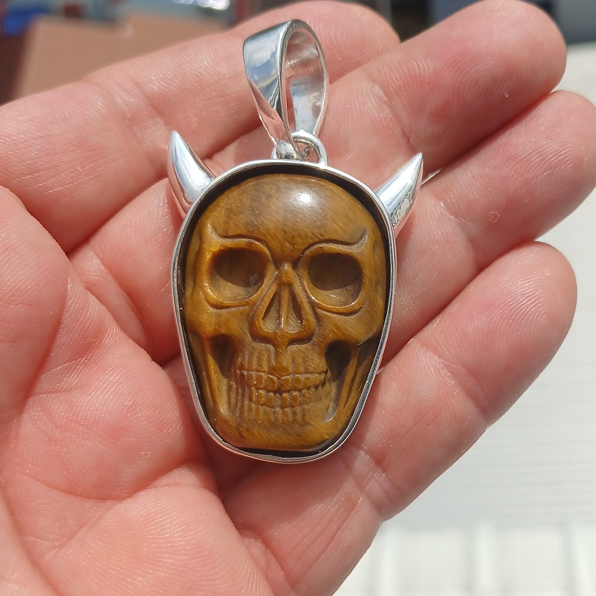 Sterling Silver Skull Pendant, Handmade Jewelry, horned Devil Face Pendant, Skull Amulet, Skull Necklace, Tiger's Eye Stone Carving, Gift-3
