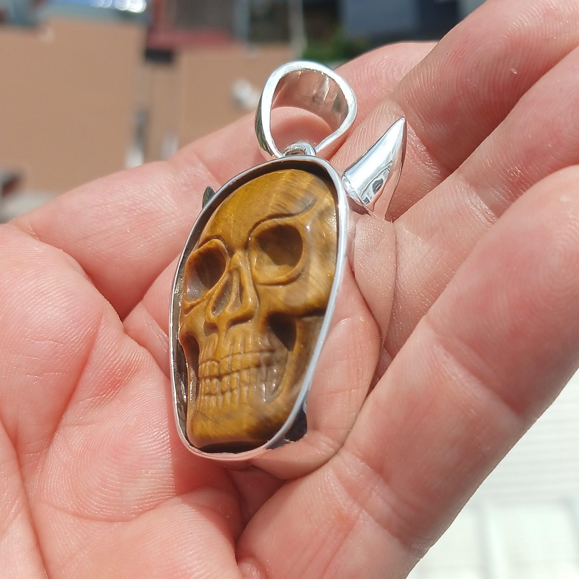 Sterling Silver Skull Pendant, Handmade Jewelry, horned Devil Face Pendant, Skull Amulet, Skull Necklace, Tiger's Eye Stone Carving, Gift-4