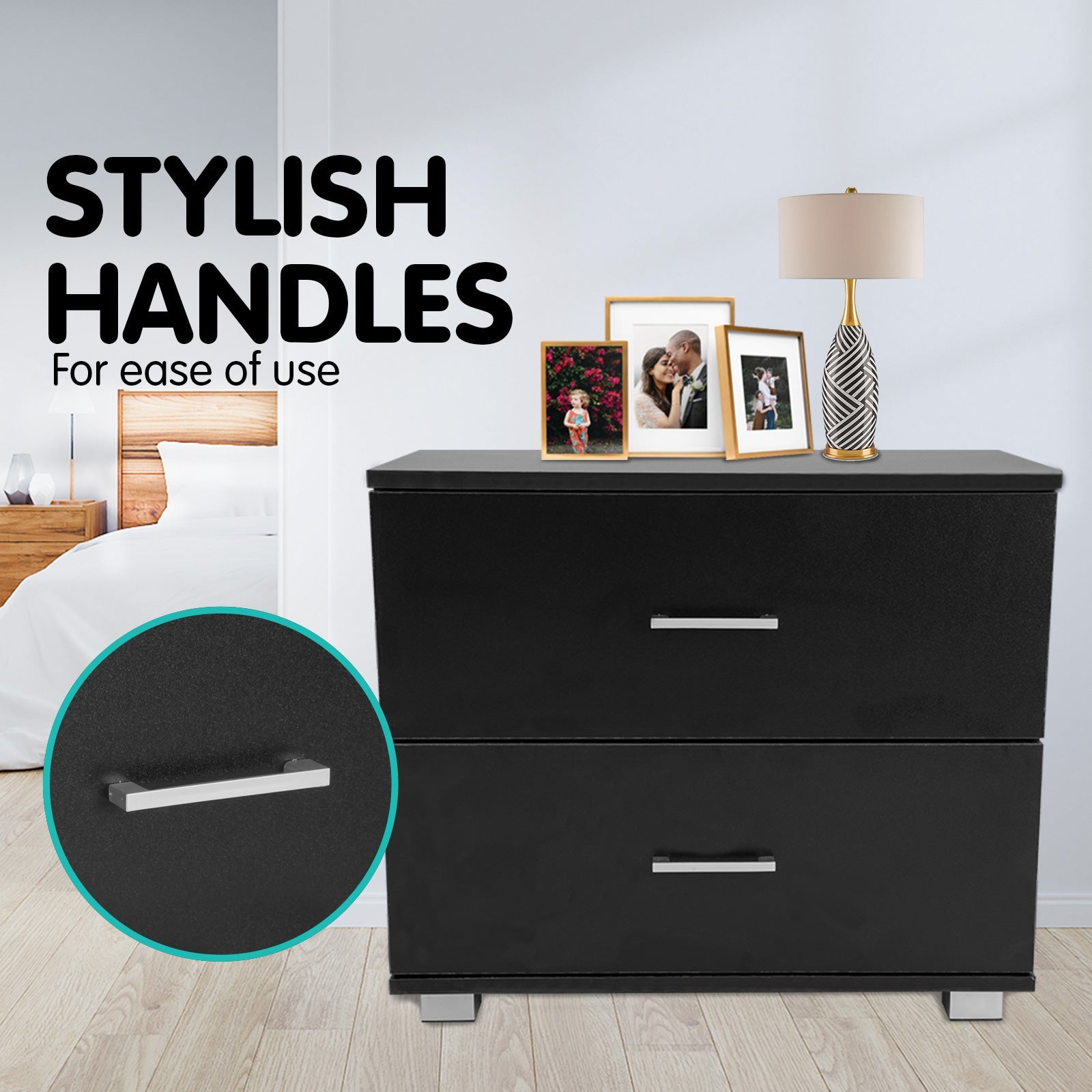 NNEDPE Bedside Table with Drawers MDF Wood - Black-2