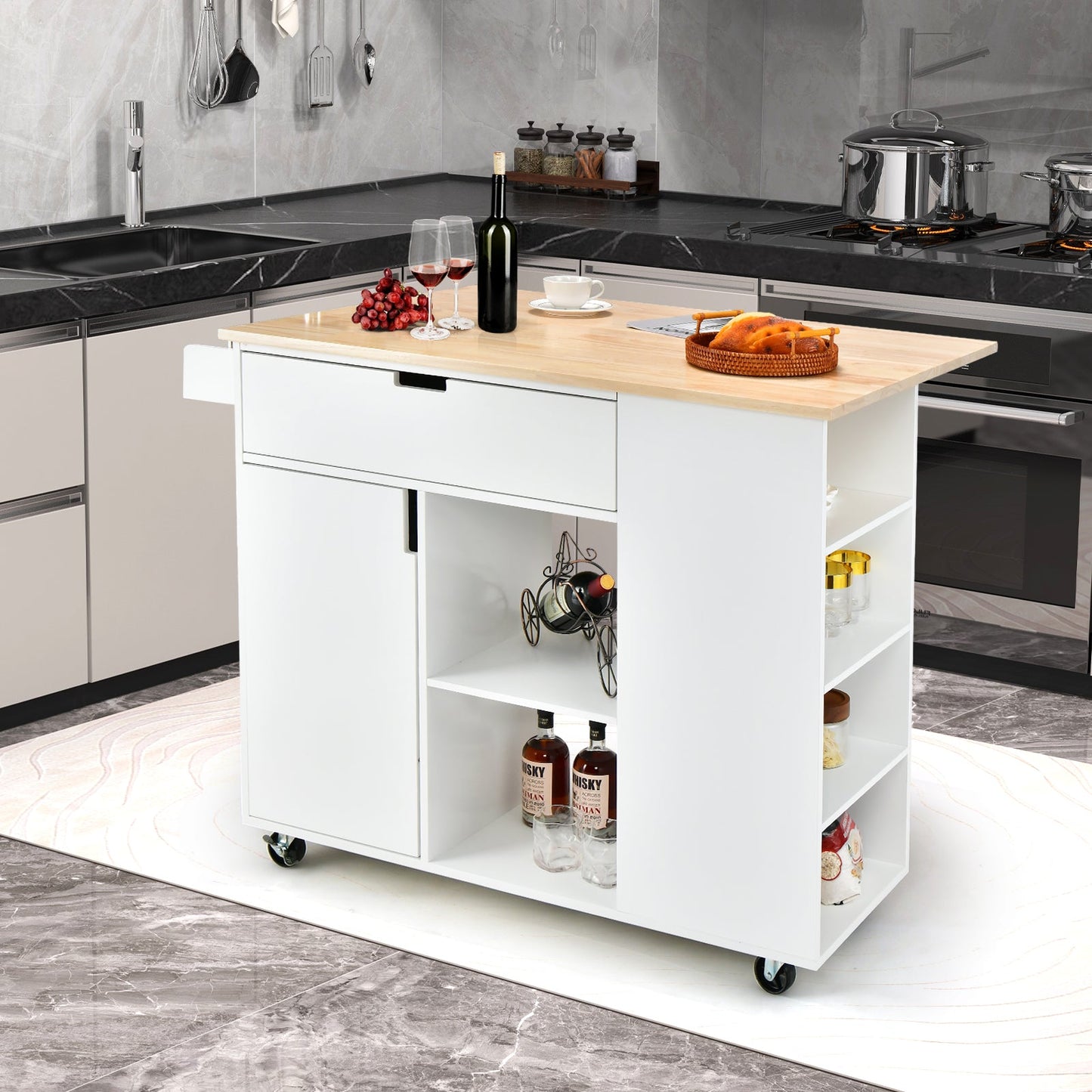 NNECW Drop-Leaf Rolling Kitchen Island with Rubber Wood Top &amp Drawer-White-0