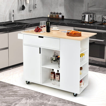 NNECW Drop-Leaf Rolling Kitchen Island with Rubber Wood Top &amp Drawer-White-0