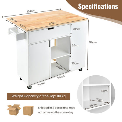 NNECW Drop-Leaf Rolling Kitchen Island with Rubber Wood Top &amp Drawer-White-3
