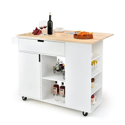 NNECW Drop-Leaf Rolling Kitchen Island with Rubber Wood Top &amp Drawer-White-1