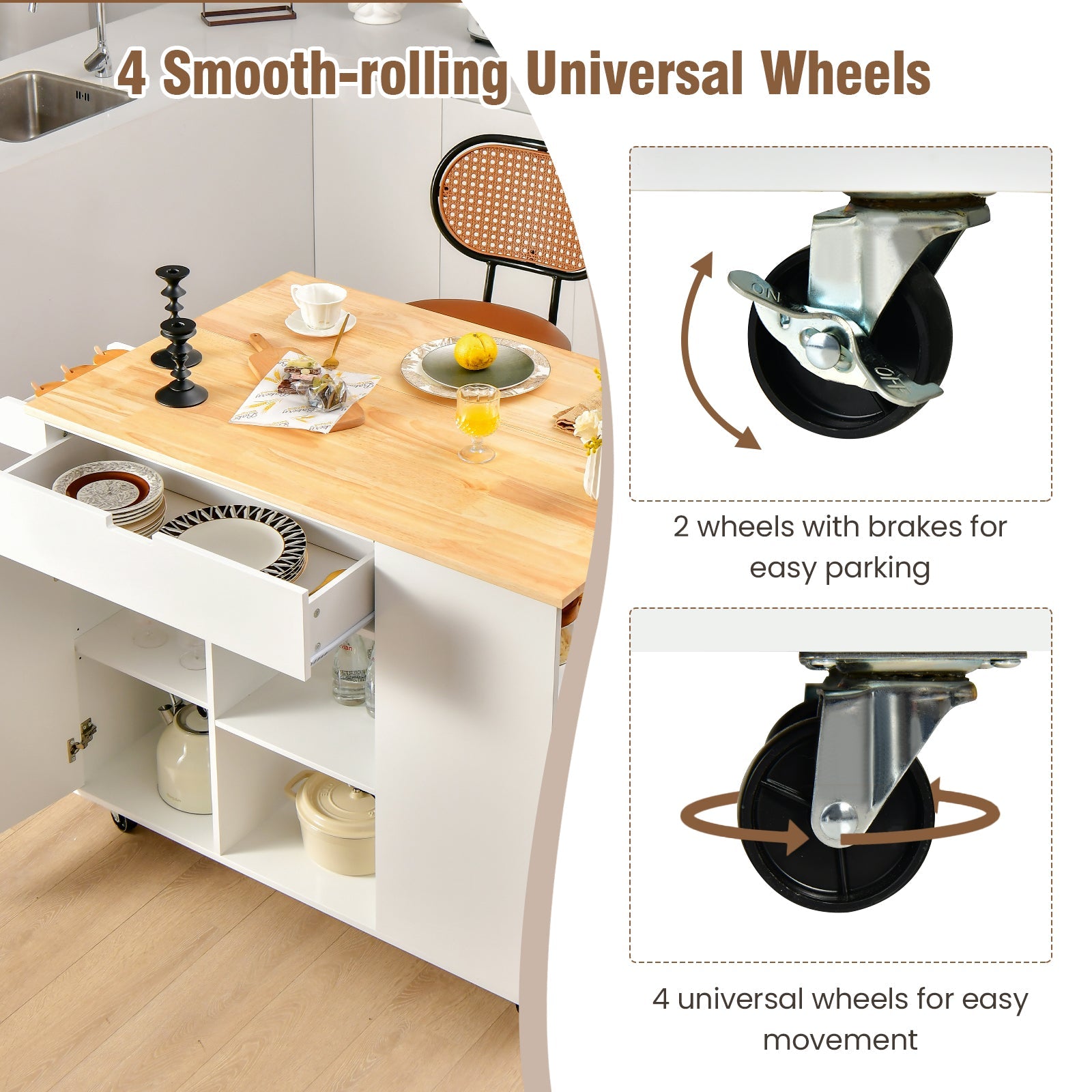 NNECW Drop-Leaf Rolling Kitchen Island with Rubber Wood Top &amp Drawer-White-2
