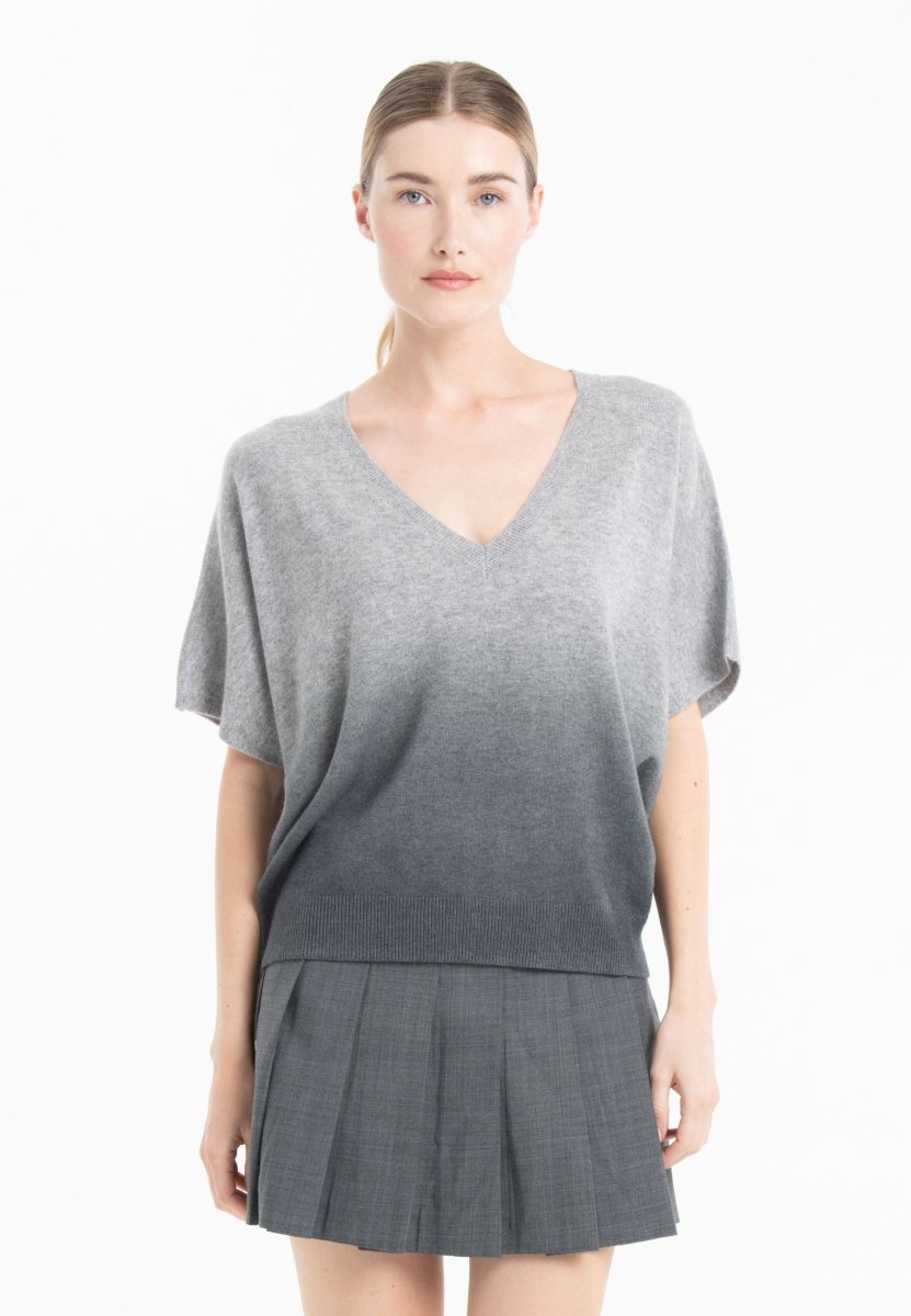 Pull col V manches chauve souris femme en cachemire tie & dye gris clair & gris anthracite - RIA 7B-0