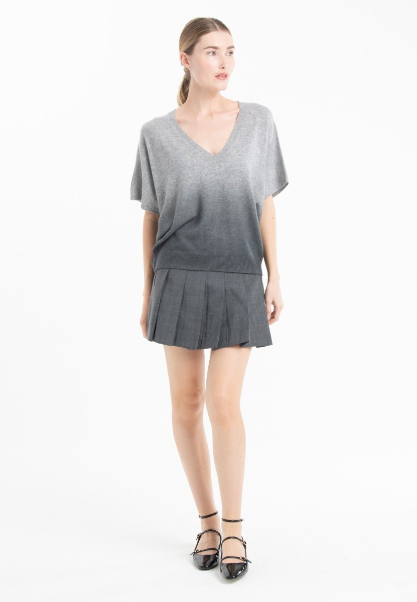 Pull col V manches chauve souris femme en cachemire tie & dye gris clair & gris anthracite - RIA 7B-1