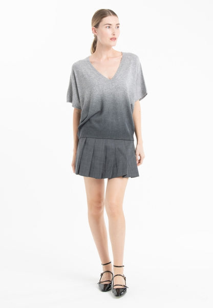 Pull col V manches chauve souris femme en cachemire tie & dye gris clair & gris anthracite - RIA 7B-1