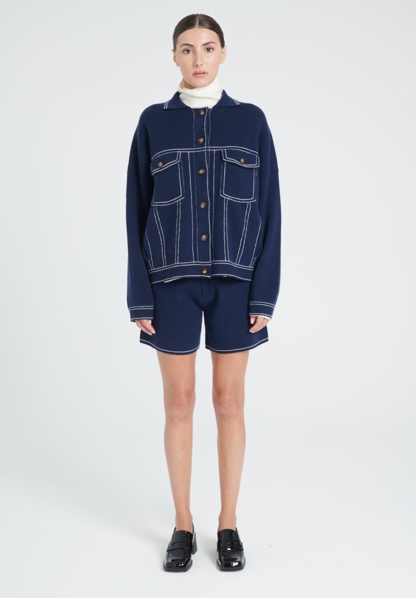 Veste femme en cachemire milano bleu marine & blanc écru - ZAYA 14-4