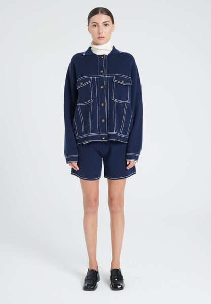 Veste femme en cachemire milano bleu marine & blanc écru - ZAYA 14-4