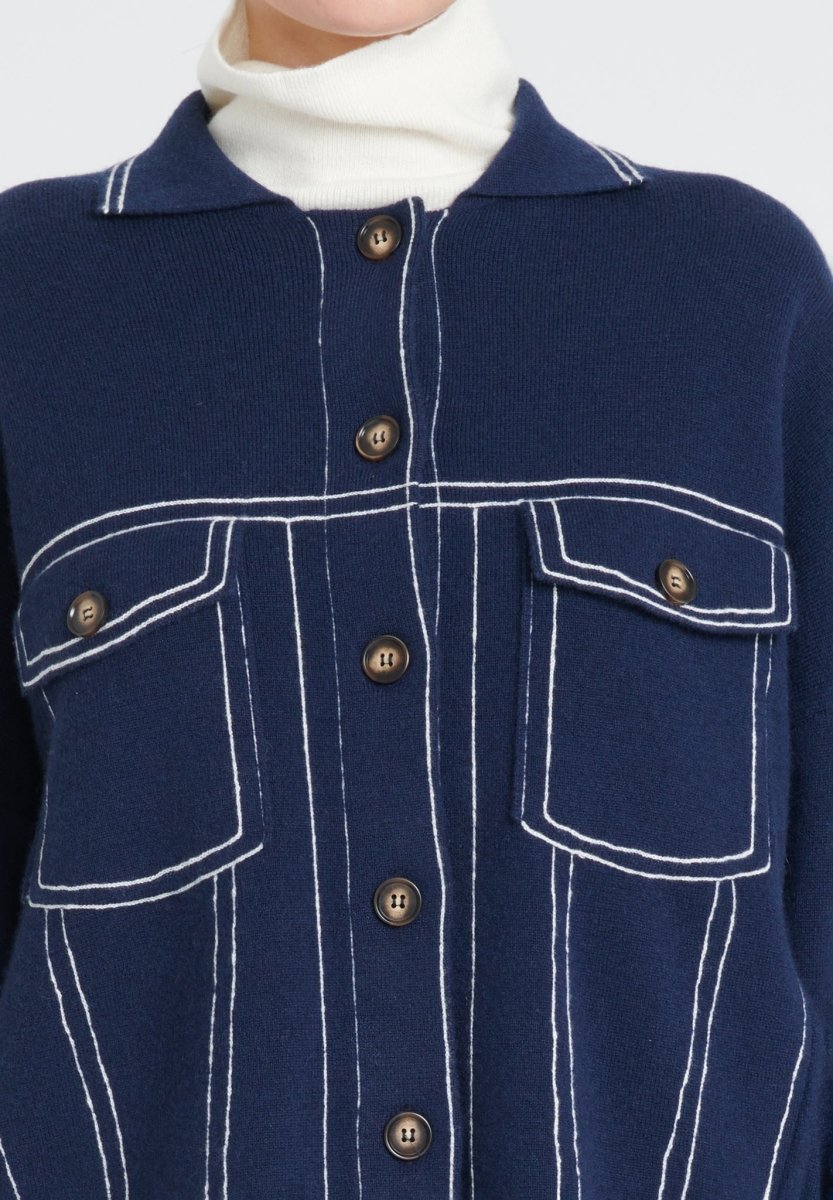 Veste femme en cachemire milano bleu marine & blanc écru - ZAYA 14-2