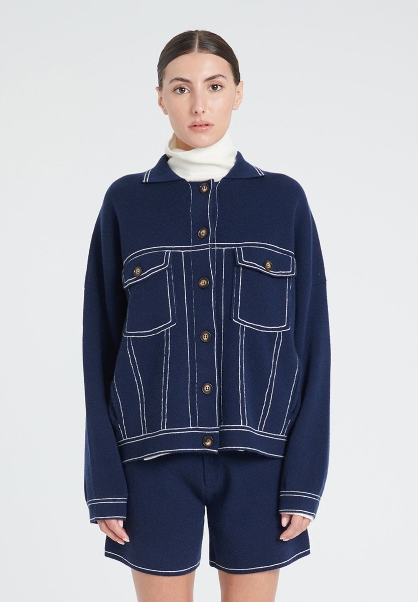 Veste femme en cachemire milano bleu marine & blanc écru - ZAYA 14-0