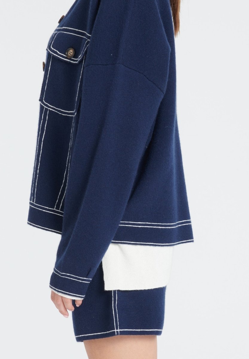 Veste femme en cachemire milano bleu marine & blanc écru - ZAYA 14-3